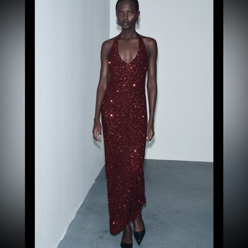 Zara Burgundy Sequin Maxi Dress